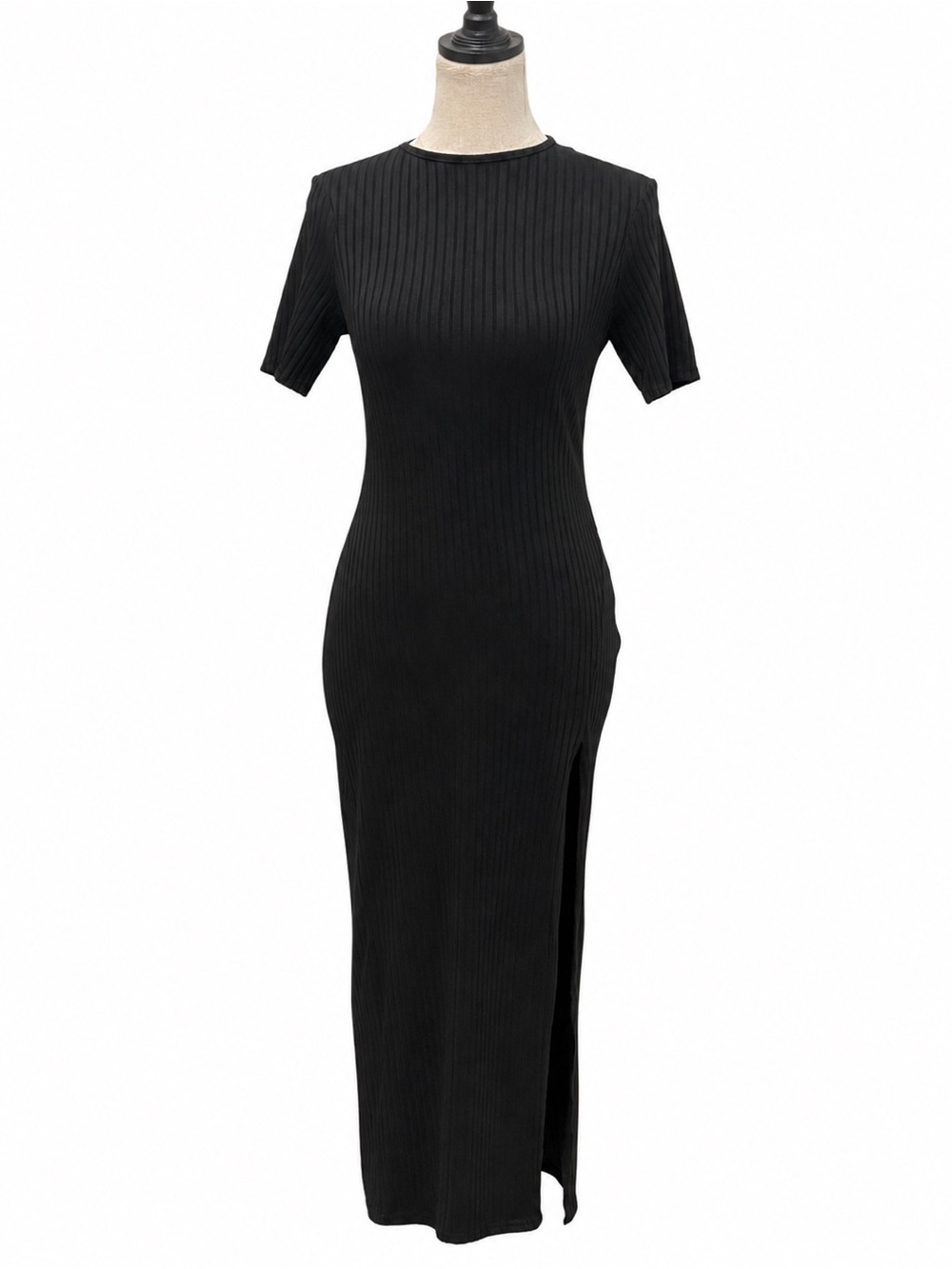 Boohoo Black Ribbed Bodycon Maxi Dress Side Slit Size 6